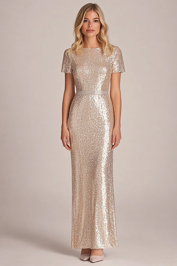 Abricot scintillant fourreau paillettes manches courtes robe longue mère de la mariée